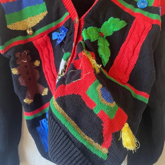 Vintage Christmas Sweater Cardigan Gingerbread Holly Bells Women's L - Picture 4 of 6